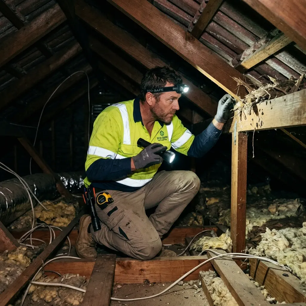 Technician inspecting a roof cavity for a dead animal in Mornington